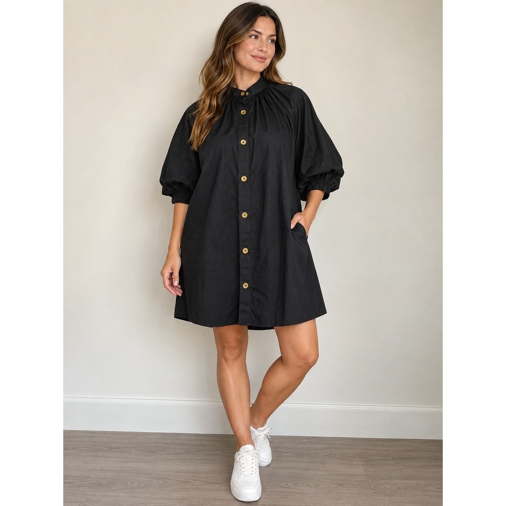 Never A Wallflower Black Shirt Dress L Elastic Sleeve Quiet Luxury Resort Chic